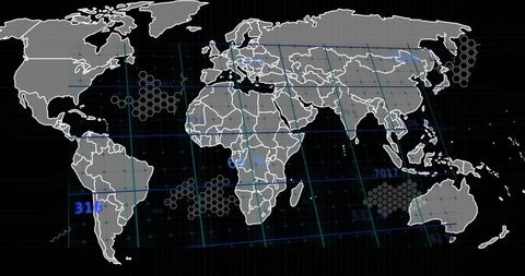 Futuristic world map hud with tilted blue grid and hex clusters for tech dashboards
