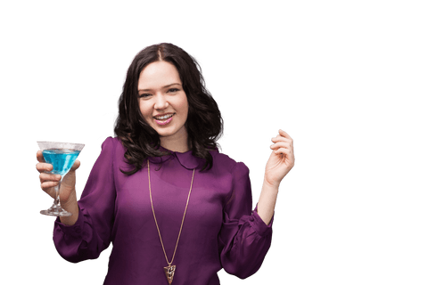 Happy woman holding blue cocktail beverage on transparent background