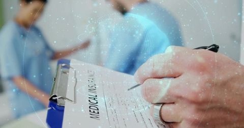 Signing medical insurance form on clipboard in clinic, healthcare registration concept