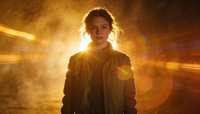 Backlit woman on night roadway with cinematic rim light and lens flare, moody urban portrait
