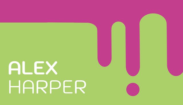Dripping pink and green abstract design features customizable text currently reading 'Alex Harper'. Ideal for creative projects, branding, posters, banners, business cards, website designs and more. The vibrant colors and minimalist style make this template versatile for multiple uses.