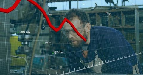 Machinist inspecting workpiece at mill with declining financial graph overlay