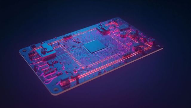 Futuristic Microprocessor PCB with Neon Illumination