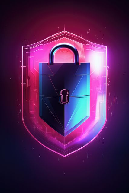 Futuristic digital padlock illuminated in vibrant neon lights, symbolizing data protection and digital security. Perfect for use in cybersecurity blogs, technology websites, and educational material on encryption and online safety.