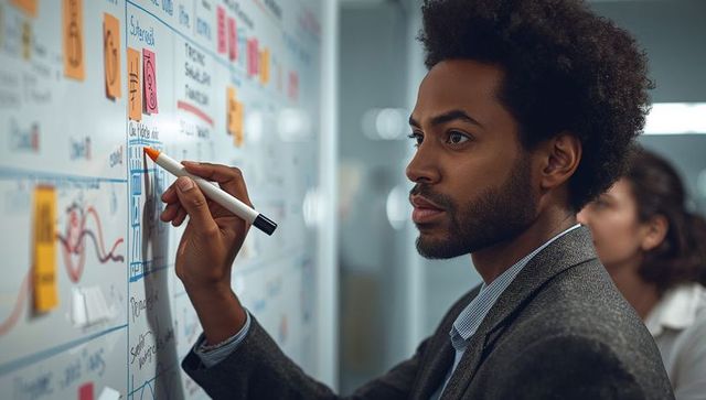Focused professional annotating strategy board in modern office
