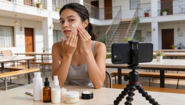 Skincare influencer applying facial cream filming tutorial with phone tripod in courtyard