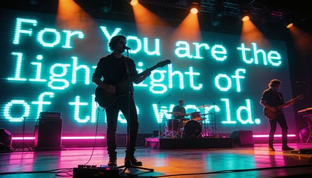 Lead singer performing with guitar against neon led backdrop and drummer on stage concert