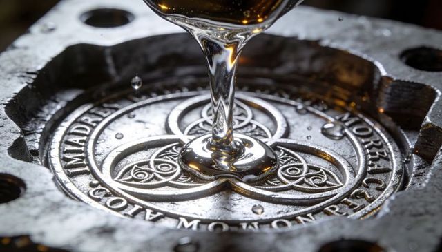 Pouring molten metal over ornate celtic medallion mold macro metalworking detail