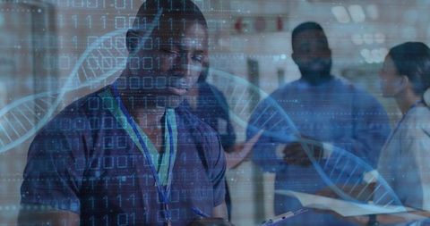 Smiling clinician writing notes in hospital corridor with DNA helix and digital data overlay