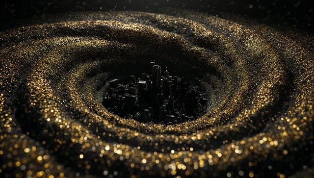 Swirling Gold and Black Glitter Vortex Revealing Miniature Dark City in Moody Spiral