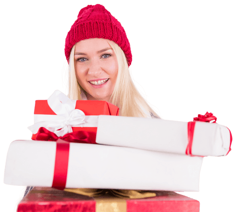 Festive Blonde Holding Transparent Gifts with Red Wrapping