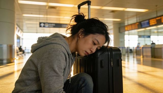 Exhausted traveler leaning on suitcase at airport terminal during golden hour light