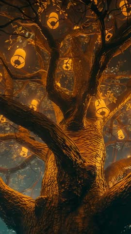 Vertical night scene camera panning up ancient tree trunk revealing glowing paper lanterns