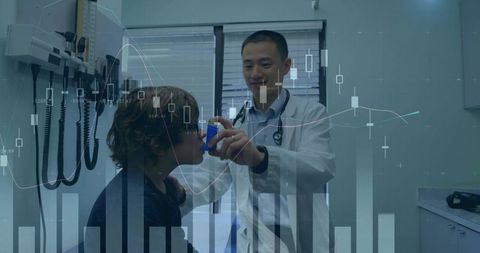 Pediatrician administering inhaler spacer to child with healthcare analytics overlay