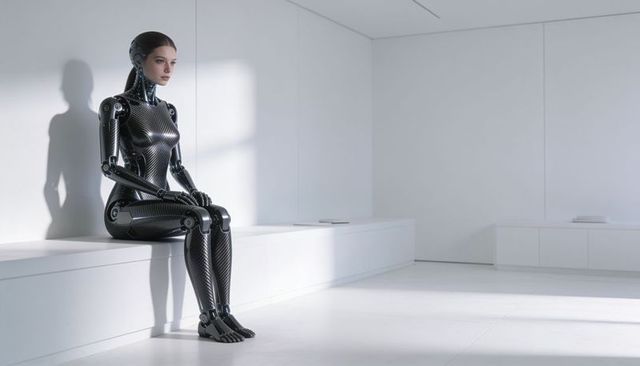 Sitting female android in carbon fiber suit in minimalist lab futuristic ai concept