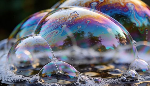 Iridescent soap bubble cluster shimmering and reflecting trees on soapy foam macro