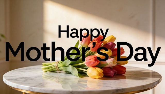 Happy mother's day tulip bouquet displaying warm sunlight on marble table greeting card