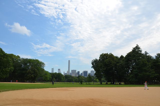 Showcases a picturesque city park with people enjoying a baseball game under a clear blue sky. The image captures the expansive green space and surrounding trees, with a city skyline in the background. Ideal for use in marketing materials related to outdoor activities, urban parks, organized sports, or recreational facilities.