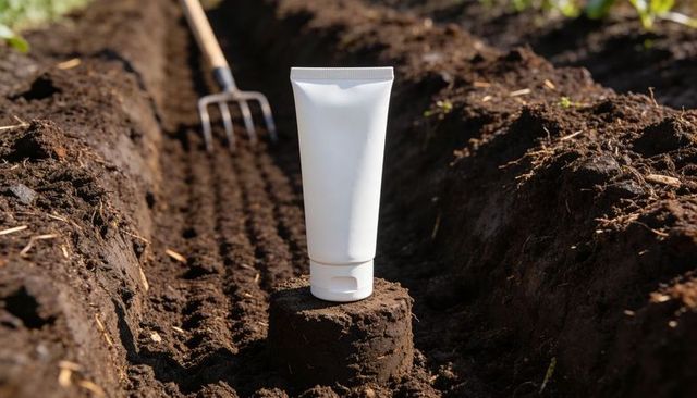 Standing white cosmetic tube on soil clump in garden furrow for natural skincare mockup