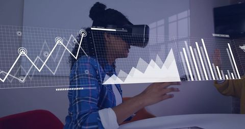 Businesswoman Using VR Headset with Data Analytics Overlay