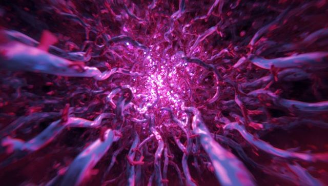 Swirling neon tendrils converging on glowing particle core, abstract tubular vortex motion