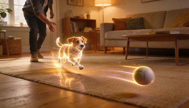 Playful terrier puppy chasing glowing tennis ball across cozy midcentury living room rug