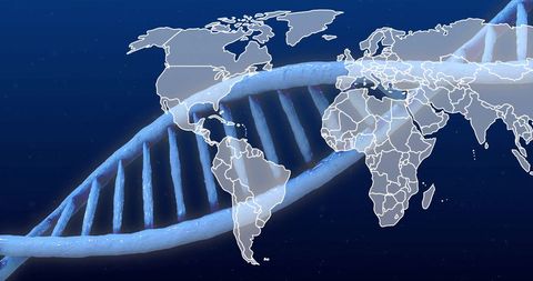 abstract representation of global science and research with a dna strand overlaying a world map. this visual can be used in educational materials, scientific conferences, or marketing content to depict global connections in genetics and biotechnology.