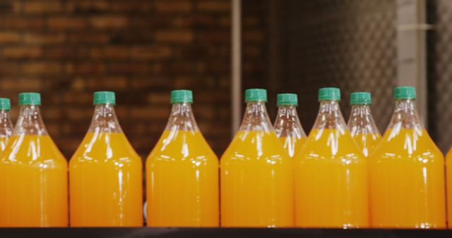 Close up of multiple transparent bottles with orange fluid in bottle factory - Download Free Stock Photos Pikwizard.com