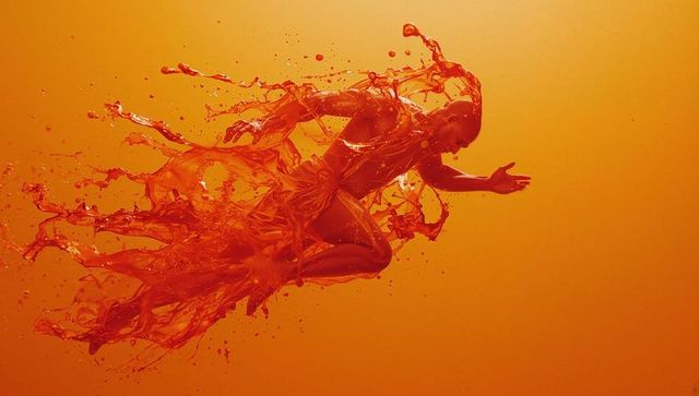 Dynamic sprinting liquid runner on vibrant orange background