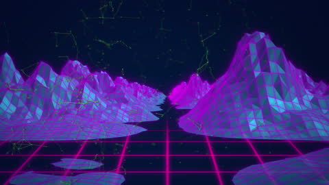 Futuristic Digital Landscape with Neon Grid Mountains