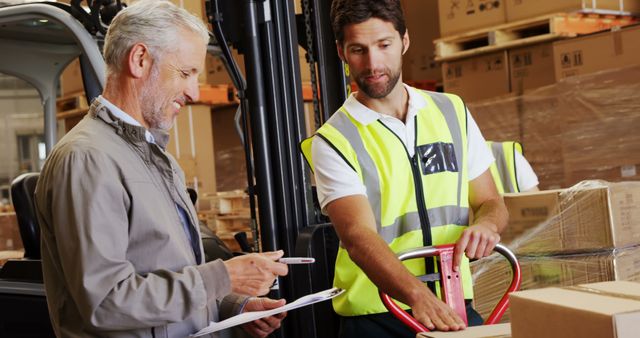 Highlighted image captures logistics workers in a warehouse collaborating on processing a shipment. The individuals are seen engaging in discussion with one pointing to paperwork and the other operating a pallet jack, demonstrating themes of teamwork and efficiency. Suitable for use in articles related to warehouse management, logistics, supply chain solutions, and worker safety.