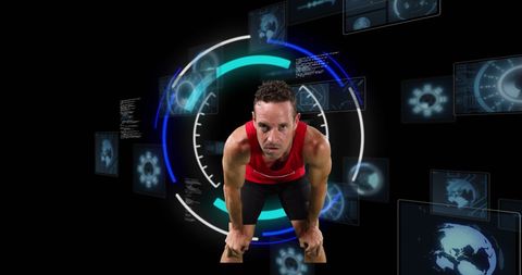 Sportsman Engaging with Digital Interface in Futuristic Setting - Download Free Stock Images Pikwizard.com
