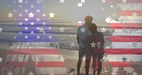 Couple Embracing on Sunny Beach with American Flag Overlay