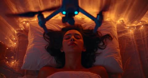 Drone Hovering Above Person Relaxing in Bed at Night