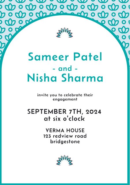This elegant teal engagement invitation features decorative patterns and stylish typography, creating an inviting and modern look. Ideal for couples looking to announce their engagement, this invitation is perfect for formal events, weddings, and save-the-dates. The harmonious balance of teal and white, accompanied by minimalistic yet detailed design elements, enhances the celebratory nature of the announcement.