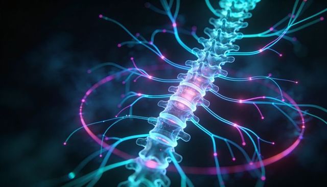Neon spinal column with clear vertebrae and glowing nerve filaments visualizing neural networks