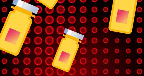 Digital illustration of pills over red cells background