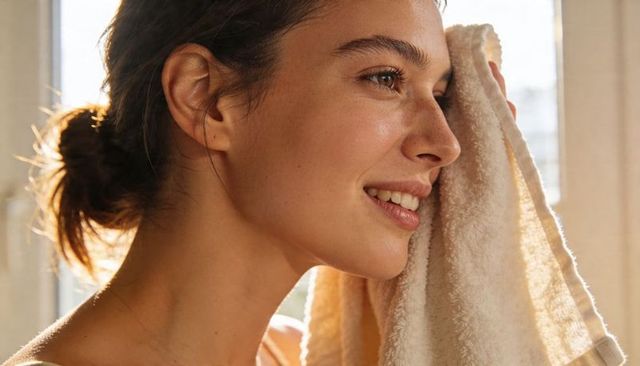 Sunlit woman drying face with soft towel by window, natural skincare closeup