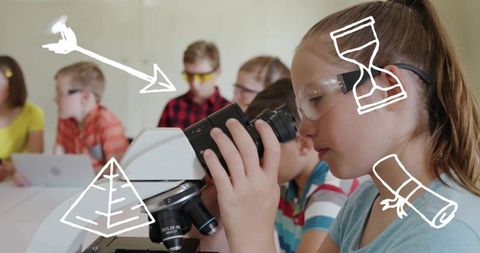 Diverse Schoolchildren in Science Class with Overlaid Educational Icons