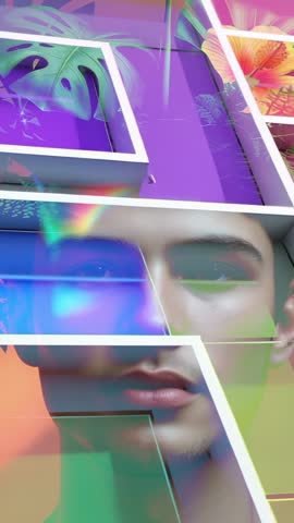 Vertical motion art sliding floral tiles over gradient grid revealing 3D face refractions