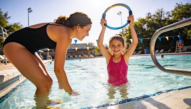 Woman teaching young girl to swim while holding blue ring at sunny outdoor community pool