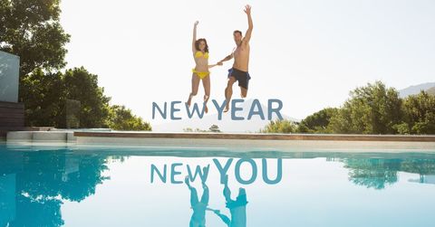 Joyful Couple Jumping into Pool Embraces New Beginnings - Download Free Stock Templates Pikwizard.com