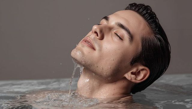 Serene male portrait tilting head back in water, eyes closed, droplets and reflection