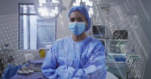 Female Surgeon Standing with Arms Crossed Wearing Surgical Gown and AR Overlay in Operating Room