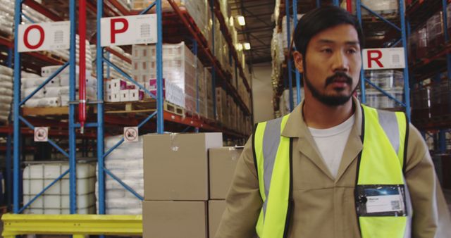 Worker with Safety Vest in Warehouse Beside Stacked Cardboard Boxes - Download Free Stock Images Pikwizard.com