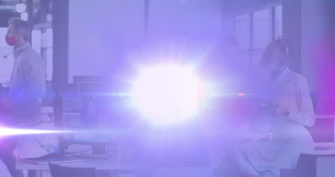 Business Team Collaborating in Modern Office Environment with Digital Overlay