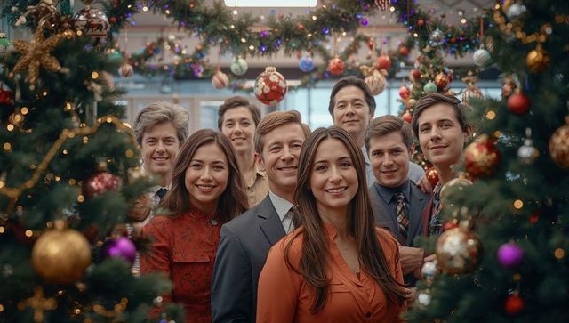 Joyful colleagues posing amid christmas decorations