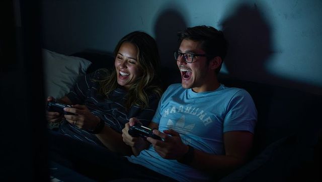 Young couple playing video games on cozy couch at night laughing in blue ambient light
