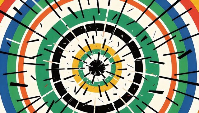 Radiating concentric rings with fragmented shards, vibrant geometric burst
