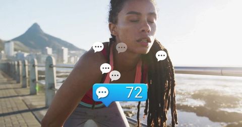 Fit Woman Outdoor Exercise With Digital Interaction Overlay